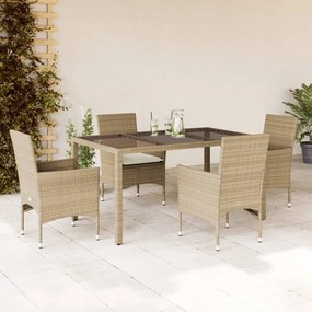 5 pcs conjunto jantar jardim com almofadões vime PE/vidro bege