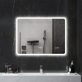 Espelho de Casa de Banho com Luz LED 80x60 cm Bluetooth 3 Cores de Luz Relógio Digital Função Antiembaciamento Função de Memória Prata