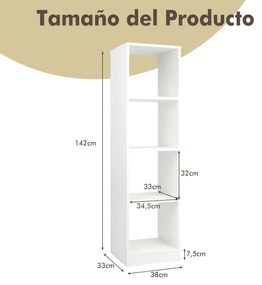 Estante estreita autónoma 5 níveis 4 cubos para livros CDs Estante de canto moderna para estudo 38 x 33 x 142 cm branca
