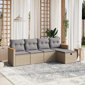 vidaXL 5 pcs conj. sofás jardim c/ almofadões vime PE bege misturado