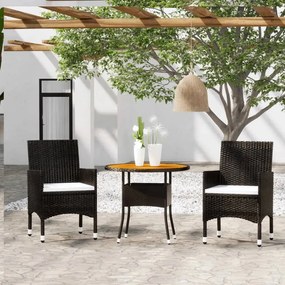 3 pcs conjunto bistrô jardim vime PE e madeira maciça preto