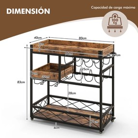 Carrinho garrafeira e de serviço de bar de 3 níveis Tabuleiro amovível Suporte de vinho Suporte de copos para cozinha Sala de jantar 80x40x83cm Castan