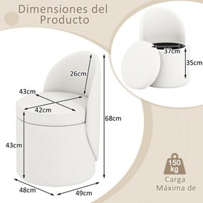 Banco com encosto para Toucador estofada com assento acolchoado Design cilíndrico moderno Branco
