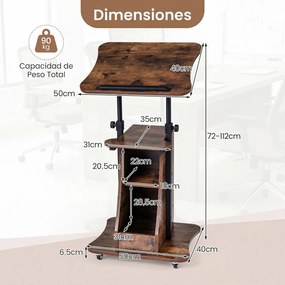 Mesa de Orador Móvel, 50 x 40 x 72-112 cm, Altura Ajustável, Castanho