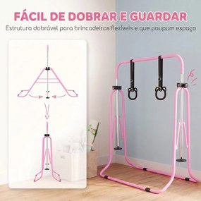 Barra de Ginástica para Crianças com Altura Ajustável em 5 Níveis Anéis e Dobrável 148x105x88-128 cm Rosa