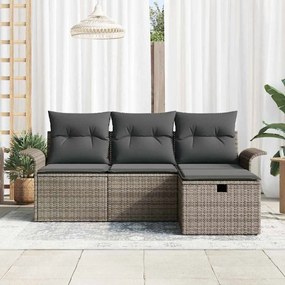 Conjunto de Sofá de Jardim de 4 Peças com Almofadas Cinza Rattan Polié