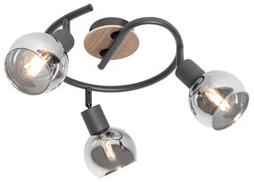 Candeeiro de teto preto 44,5 cm com vidro fumê e madeira 3 luzes - Vidro Moderno