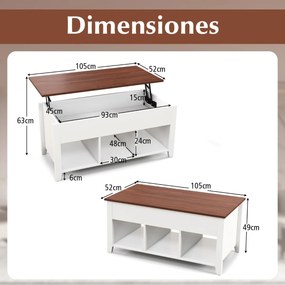 Mesa de centro de madeira elevável multifuncional com 3 prateleiras abertas para sala de estar 105 x 52 x 49 cm branca