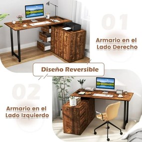 Secretária em forma de L com arquivo e tomada elétrica de canto reversível de 138 cm com 3 gavetas Mesa castanha