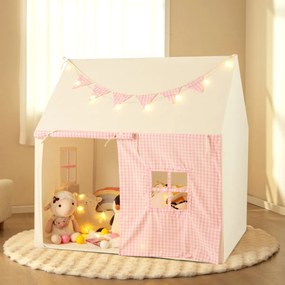 Tenda infantil com tapete acolchoado, 2 janelas e 2 bolsos de armazenamento, luzes de estrelas e bandeira rosa