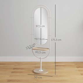 Espelho de Pé 50x175,5 cm Espelho de Corpo Inteiro com Bandeja de Madeira 4 Ganchos e Estrutura de Metal 50x40x175,5 cm Branco