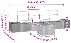 Conjunto de Sofás para Jardim de 5 peças com Almofadas Pretas de Vime