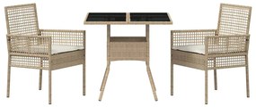 Conjunto de Jantar para Jardim de 3 Peças Bege Rattan Poliéster
