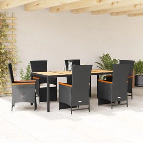 vidaXL 7 pcs conjunto de jantar p/ jardim c/ almofadões vime PE preto