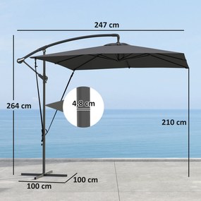 Chapéu de Sol Excêntrico 247x247 cm com Base Cruzada Capa Ajustável Manivela Capa Protectora e Corda de Vento Cinza Escuro