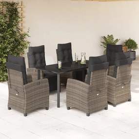 7 pcs conjunto de jantar p/ jardim c/ almofadões vime PE cinza