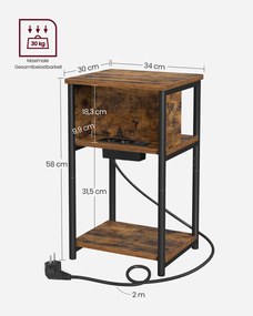 Mesa de cabeçeira ou de apoio com 2 tomadas eléctricas e 2 portas USB 30 x 34 x 58 cm Castanho Vintage e preta