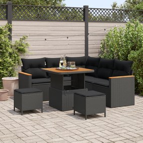 Conjunto de Sofá de 8 Peças com Almofadas Jardim Preto Rattan Sintético Acácia