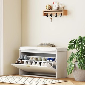 Banco Sapateira Móvel Sapateira Estreito com Assento Estofado Caixa Rebatível e Painel de Ripas 80x26x47,5 cm Branco
