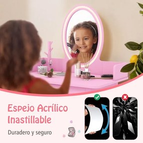 Conjunto de Toucador de Maquilhagem para Raparigas com Banco e Espelho Iluminado 2 Cores Iluminação LED Organizador de Jóias e Gaveta Rosa