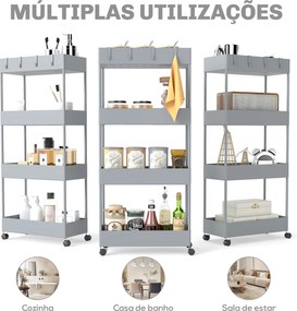 Carrinho Auxiliar com Rodas Carrinho de Armazenamento com 4 Cestas e 4 Ganchos Amovíveis 40x19x90 cm Cinza