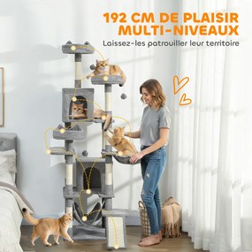 Arranhador para gatos com torre de brincadeiras: 8 postes para arranhar, 4 plataformas, 2 compartimentos abertos, escada e 3 bolas; altura: 192 cm; ci