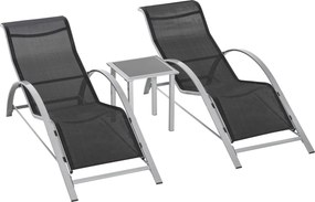 Outsunny Conjunto de espreguiçadeiras em metal com malha 3 peças. Espreguiçadeira com mesa lateral Conjunto de jardim com 2 espreguiçadeiras, 1 mesa lateral Conjunto de assentos para jardim, varanda 59B x 169T x 66H cm Preto+Prata | Aosom Portugal