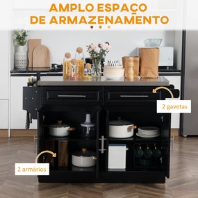 Ilha de Cozinha com Rodas Bancada de Aço Inoxidável 2 Gavetas 4 Portas e 2 Prateleiras Ajustáveis 145x45x93 cm Preto