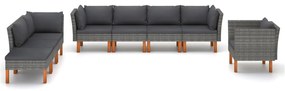 8 pcs conj. lounge jardim vime PE e madeira eucalipto cinzento