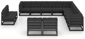 13 pcs conjunto longue jardim c/ almofadões pinho maciço preto