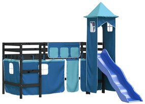 Cama alta para criança com torre 90x190 cm pinho maciço azul