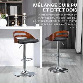 Conjunto de 2 bancos de bar, assento ajustável em altura, giratórios a 360°, revestimento sintético preto, encosto perfurado com efeito de madeira