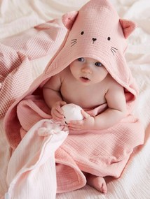 Capa de banho + luva em gaze de algodão bio* rosa medio liso com motivo