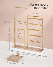 Suporte para joias em metal com bandeja em veludo 10 x 30,6 x (30,9-47,5) cm dourado