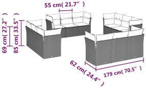 12 pcs conjunto de sofás jardim c/ almofadões vime PE cinzento