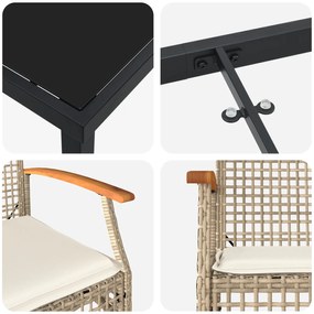 Conjunto de Jantar de Jardim 3 Peças com Almofadas Bege Rattan Polímer