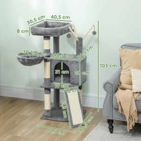 Arranhador para gatos com torre de brincadeiras, arranhadores e tapetes de sisal, plataforma, compartimentos abertos, rede, 40,5 x 40,5 x 103 cm, cinz