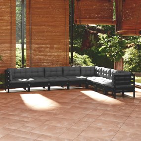 vidaXL 8 pcs conjunto lounge jardim c/ almofadões pinho maciço preto