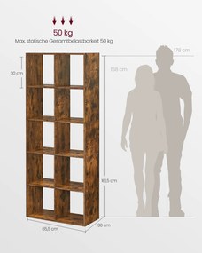 Estante de livros, com 10 compartimentos 30 x 65,5 x 161,5 cm castanho vintage
