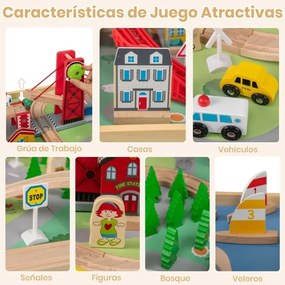 Mesa Comboio de Madeira para Crianças com 2 Tabuleiros Reversíveis 94 peças de acessórios, 3 Gavetas de Tecido para Crianças a partir dos 3 Anos, Verm
