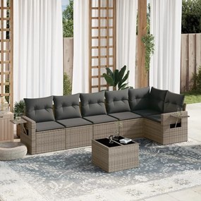 7 pcs conjunto sofás p/ jardim c/ almofadões vime PE cinzento