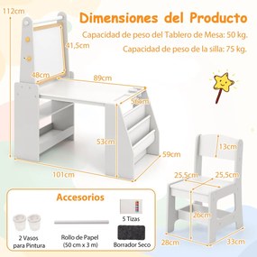 Conjunto de mesa e cadeira artística para crianças com 2 quadros, rolo de papel, copos de tinta, cavalete e cadeira multifuncional cinza e branca