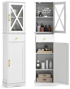 Armário alto para casa de banho estreito com gaveta 40 x 30 x 168 cm, 2 portas e 3 prateleiras branco
