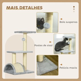 Arranhador para Gatos Médio de 3 Níveis  com Postes de Sisal Placa para Arranhar e Bola Suspensa 40x35x72 cm Cinza