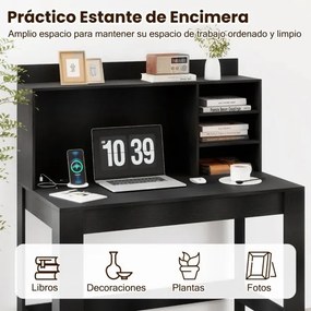 Secretária de computador 108 x 60 x 125 cm com estante com tomadas e orifício para cabos Preta