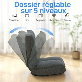 Cadeira de chão dobrável com rotação de 360°, cadeira de chão estofada com encosto ajustável em 5 posições, 58 x 107 x 79 cm, cinzenta