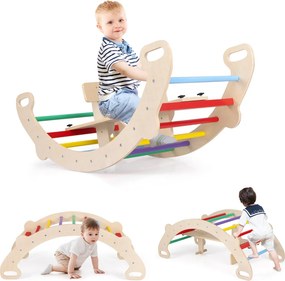 Brinquedo de trepar para crianças em madeira para interior 4 em 1 com arco de trepar, baloiço, túnel de gatinhar, encosto e assento lisos Multicolorid
