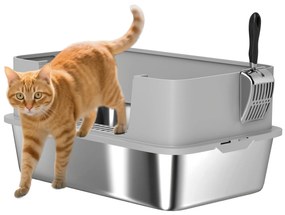PawHut Caixa de Areia para Gatos em Aço Inoxidável XL Caixa de Areia para Gatos com Borda Alta Pá Fácil de Limpar À Prova de Fugas 60x40x29,5 cm Cinzento