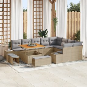 Conjunto de Sofá de Jardim vidaXL com 12 Peças e Almofadas Bege Rattan Polimérico Acácia