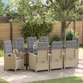vidaXL Conjunto de Jantar de Jardim de 9 Peças com Almofadas Beje de Rattan Poliéster